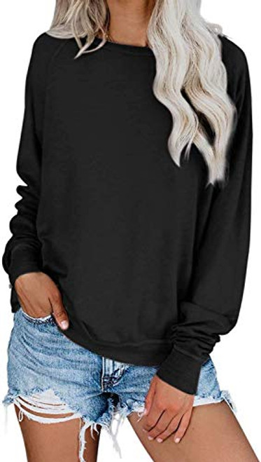 Yanekop Womens Solid Loose Crewneck Sweatshirt Casual Long Sleeve Pullover Tops Shirt-Black-M-