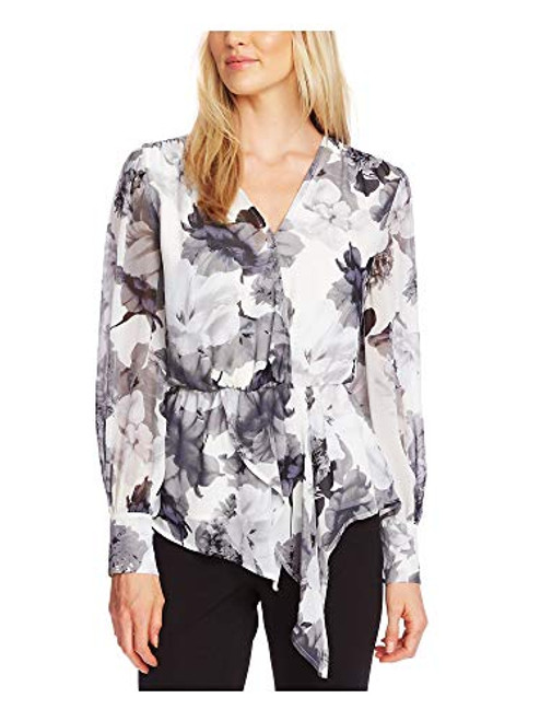 Vince Camuto Womens Ivory Floral Long Sleeve V Neck Blouse Wear to Work Top Size XL