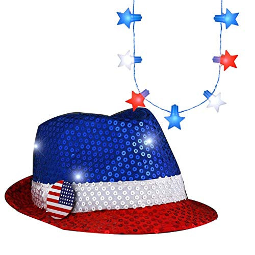 blinkee Bundle Light Up USA Fedora Hat with Red White and Blue Sequins and Jumbo Stars Red White and Blue LED String Lights Necklace