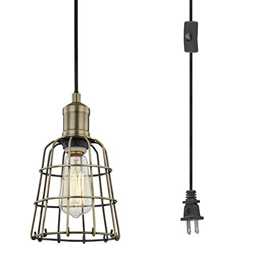 WOXXX Industrial Pendant Light Plug in Hanging Light Fixture Ceiling Light Vintage Hanging Lamp Plug in Pendant Lighting with Cord for Kitchen Island- Living Room- Bedroom Mini Brass Cage Swag Lamp
