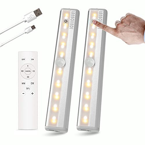 Rechargeable Battery Operated Lights 2 Pack with Remote | Under Cabinet Lighting | Wireless led Lights for Kitchen Display Cabinet with Timer Dimmable and Touch Control Without Wiring