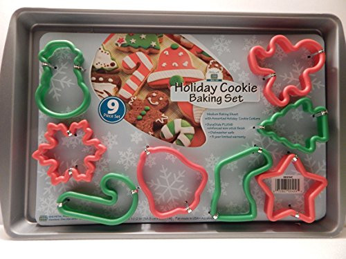 Christmas Baking Pan / Holiday Cookie Sheet with Assorted Christmas Cookie Cutters 9 Pc. Set (8 Holiday Cookie Cutters - Gingerbread man, Snowflake, Snowman, Stocking, Christmas Tree, Candy cane)