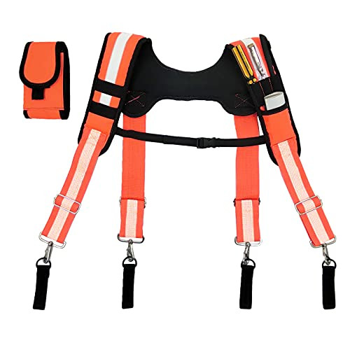 Padded Tool Belt Extra Large Work Suspenders with Pockets - Safety Reflective Suspenders Heavy Duty Work Harness - Hi Viz Straps with Loops for Men - Orange