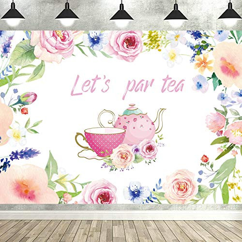 7x5FT Let's Par Tea Photography Backdrop Tea Time Photo Background Teapot Teacups High Tea Theme Bridal Shower Engagement Bachelorette Baby Shower Party Supplies Photo Studio Props Decorations Banner