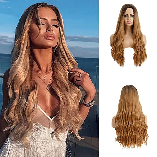 GORWAVCI 26 Long Wavy Wigs With Air Bangs Full Heat Resistant Synthetic Wig for Women?Natural Looking Cosplay Hair Wig for Halloween Costume Party