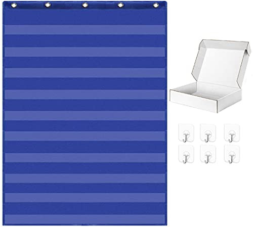 Medeer Standard Pocket Charts- Clear 10 Pocket Chart for Teacher Lessons in a Classroom or Home Use- 6 Adhesive Hooks Included Fits Standard 3 Sentence Strips and Word Cards- Blue