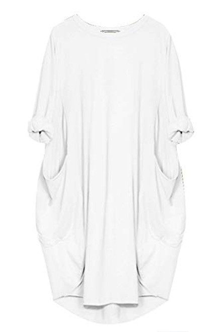 WSIRMET Womens Round Neck Long Sleeve Solid Color Casual Loose Irregular Oversize Baggy Tunic Midi Dress with Pockets White