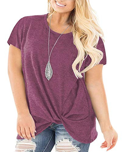 Gognia Women's Plus Size Casual Short Sleeve Tunic Tops T Shirt Knotted Blouse Red 14 Plus