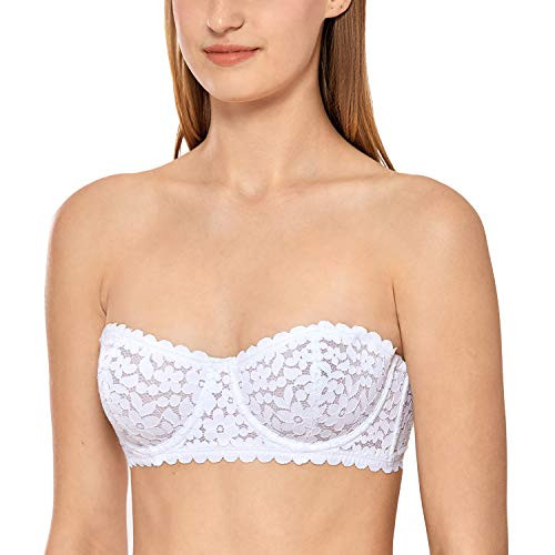 DOBREVA Women's Lace Strapless Balconette Bandeau Tube Top Unlined Underwire Bra White 38D DOBREVA Women's Lace Strapless Balconette Bandeau Tube Top Unlined Underwire Bra White 38D
