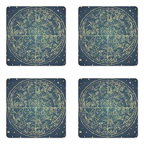 Lunarable Space Coaster Set of 4- Vintage Zodiac Chart Constellation of Northern Stars Astrology Image- Square Hardboard Gloss Coasters- Standard Size- Dark Blue and Yellow