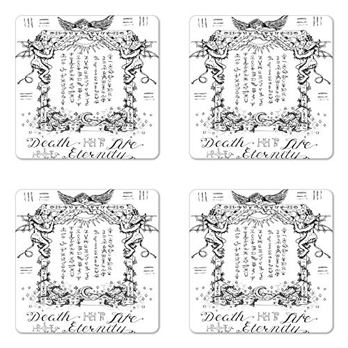 Ambesonne Occult Coaster Set of 4- Gothic Medieval Magic and Spell Eternal Life Chart Themed Artwork- Square Hardboard Gloss Coasters for Drinks- White Black