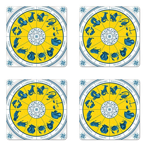 Ambesonne Astrology Coaster Set of 4- Modern Original Zodiac Natal Chart with Colorful Esoteric Design Print- Square Hardboard Gloss Coasters for Drinks- Yellow Blue