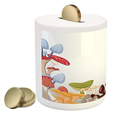 Ambesonne Mushroom Piggy Bank- Bunch of Mushrooms Toadstools Fungi Wildlife in Forest Cartoon Illustration Plants- Printed Ceramic Coin Bank Money Box for Cash Saving- Multicolor