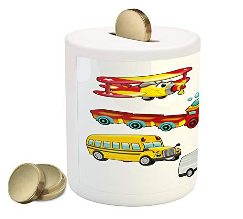 Lunarable Cartoon Piggy Bank- Toys Style Vehicles Car Train Plane Bike Bus Truck Caricature Concept- Ceramic Coin Bank Money Box for Cash Saving- 3.6inch X 3.2inch- Multicolor