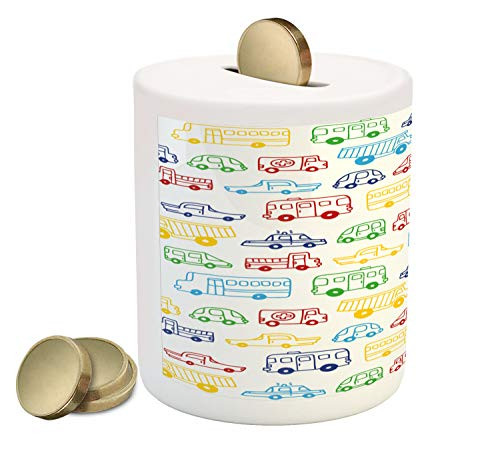 Lunarable Cartoon Piggy Bank- Soft Pastel Toned Trucks Cars Autos Buses in a Row on Highway- Ceramic Coin Bank Money Box for Cash Saving- 3.6inch X 3.2inch- Multicolor