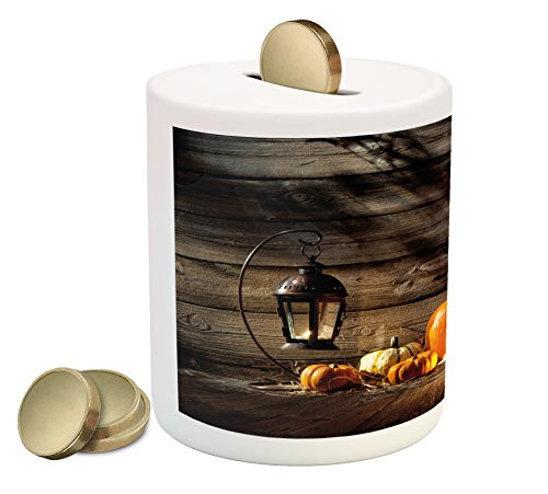 Lunarable Halloween Piggy Bank- Grinning Expression Pumpkin Country House Squash Bunch on Wooden Planks Image- Printed Ceramic Coin Bank Money Box for Cash Saving- Brown Orange