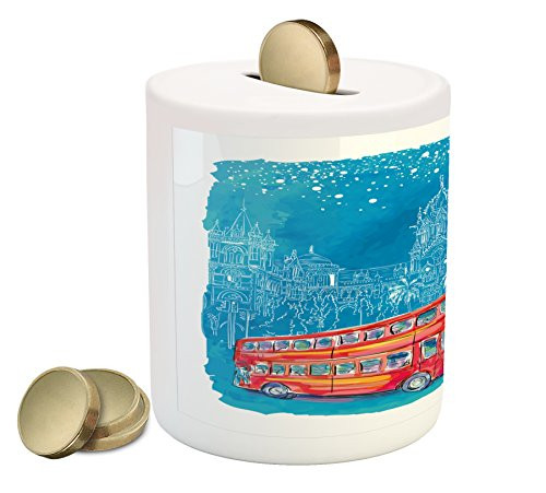 Lunarable Modern Piggy Bank- Double Decker Red Bus and Car Before Medieval Mumbai Architecture Watercolor- Printed Ceramic Coin Bank Money Box for Cash Saving- Violet Blue Grey