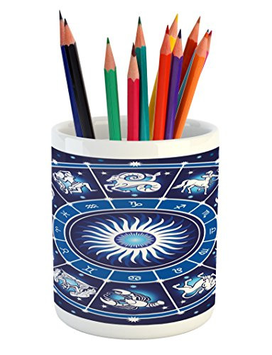 Lunarable Zodiac Pencil Pen Holder- Illustration of Astrology Signs in Circle Chart with Stars Birth Fortune Artwork- Printed Ceramic Pencil Pen Holder for Desk Office Accessory- Blue White