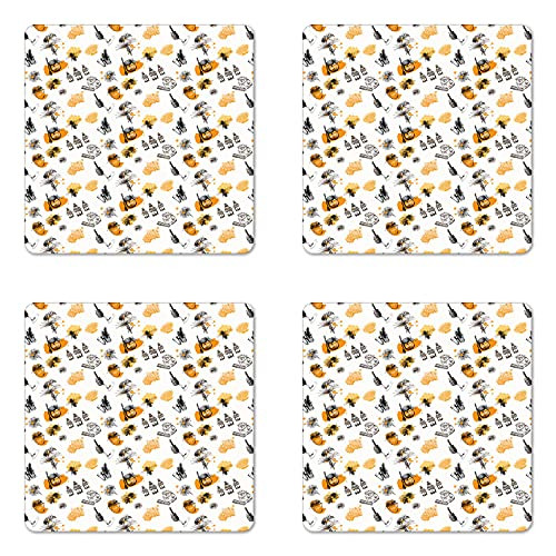 Lunarable Bee Coaster Set of 4- Honey Jars with Bees and Pollinate Flower Petals Apiculture Honeycomb- Square Hardboard Gloss Coasters- Standard Size- Marigold and Charcoal Grey