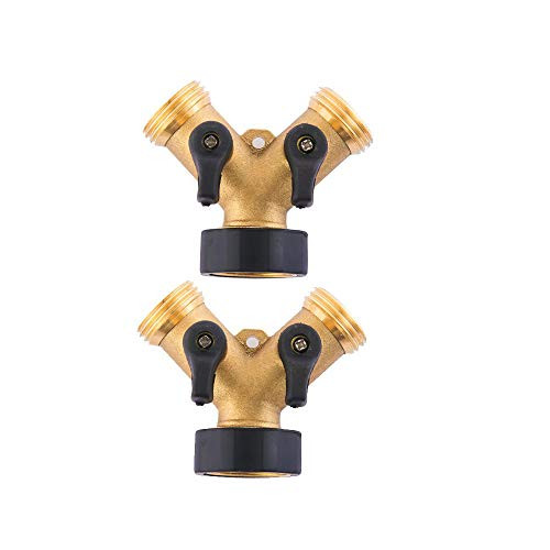 HQMPC Heavy Duty Brass Hose Y-Connector Two Way Valve with Shut-Off Valves Brass Hose Splitter (2)