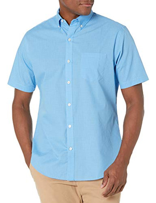 Van Heusen Men's Wrinkle Free Short Sleeve Button Down Check Shirt- Riviera Blue Minicheck- Large