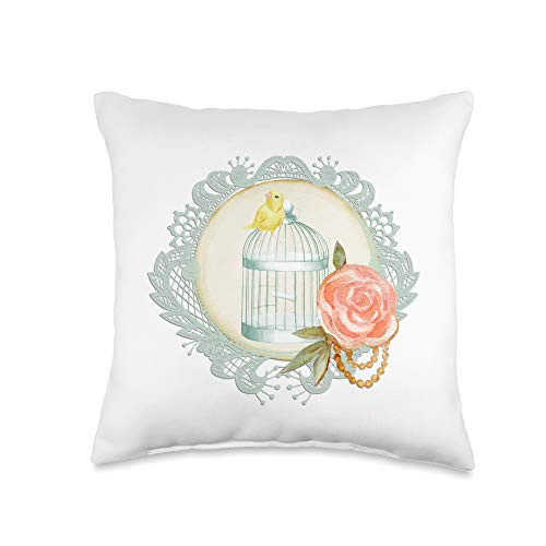 Abstract Art Decor Gifts Birdcage Yellow Bird Rose Flower Doily Print Decor Gift Throw Pillow- 16x16- Multicolor