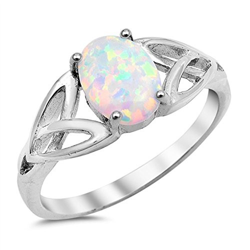 Solitaire White Simulated Opal Celtic Knot Ring .925 Sterling Silver Band Size 6