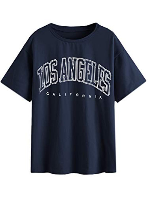 SOLY HUX Women's Plus Size Letter Print Short Sleeve T Shirt Casual Tee Tops Navy Blue 2XL