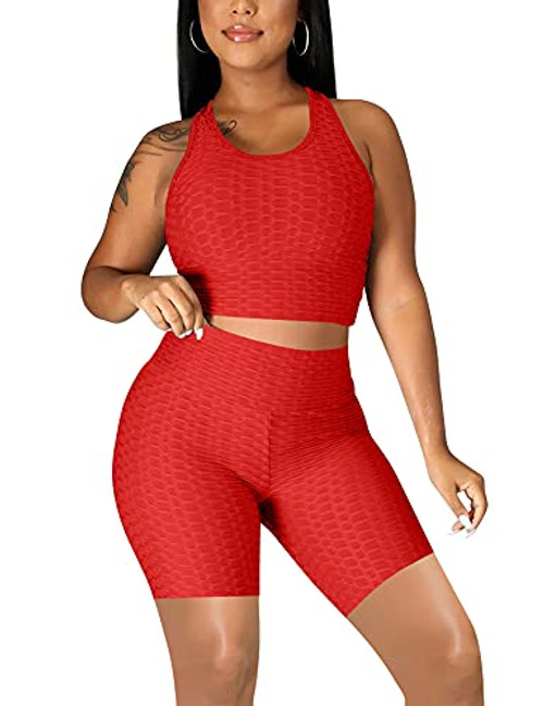 Women's 2 Piece Workout Outfits Tracksuit GYM Sexy Crop Tank Top Biker Shorts Set- Medium- Red Women's 2 Piece Workout Outfits Tracksuit GYM Sexy Crop Tank Top Biker Shorts Set- Medium- Red