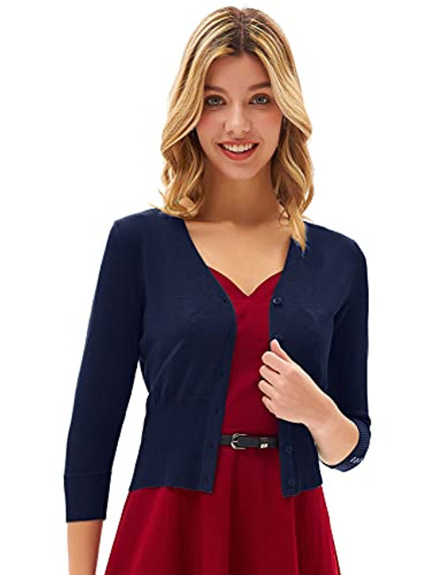 GRACE KARIN Women's Cropped Cardigan 3/4 Sleeve V-Neck Button Down Open Front Ribbed Knit Shrug Sweater Navy Blue