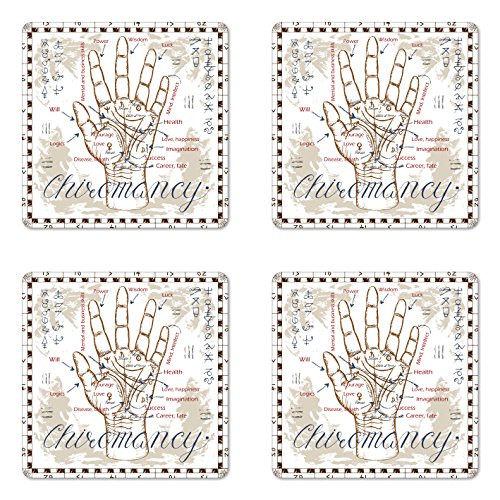 Ambesonne Occult Coaster Set of 4- Vintage Chiromancy Chart with an Human Hand Palm Mystic Science of Universe Image Print- Square Hardboard Gloss Coasters for Drinks- Beige