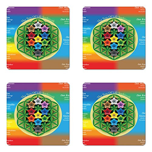 Ambesonne Abstract Coaster Set of 4- Tree of Life Chart with and Universe Flowers Yoga Pattern- Square Hardboard Gloss Coasters- Standard Size- Multicolor