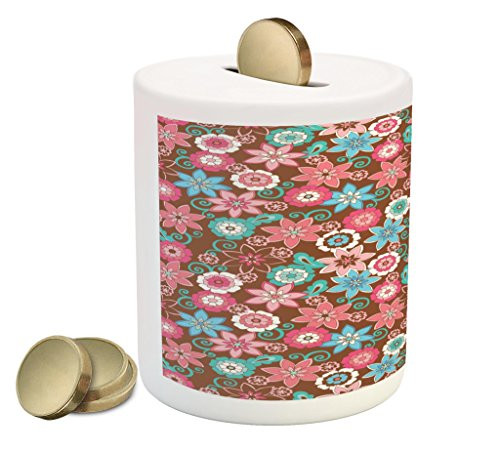 Ambesonne Floral Piggy Bank- Vibrant Bunch of Various Flower Petals Florets Shabby Form Illustration- Printed Ceramic Coin Bank Money Box for Cash Saving- Pink Brown and Teal Ambesonne Floral Piggy Bank- Vibrant Bunch of Various Flower Petals Florets Shabby Form Illustration- Printed Ceramic Coin Bank Money Box for Cash Saving- Pink Brown and Teal