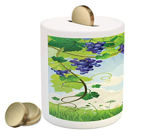 Ambesonne Vine Piggy Bank- Green Rural Countryside Landscape in a Sunny Day Green Branches with Bunch of Grapes- Printed Ceramic Coin Bank Money Box for Cash Saving- Multicolor Ambesonne Vine Piggy Bank- Green Rural Countryside Landscape in a Sunny Day Green Branches with Bunch of Grapes- Printed Ceramic Coin Bank Money Box for Cash Saving- Multicolor