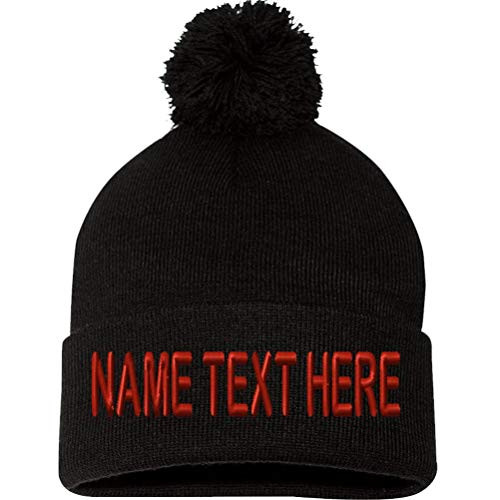 Custom Embroidery Beanie Personalized Text Ski Knit Pom Cuffed Hat - Black