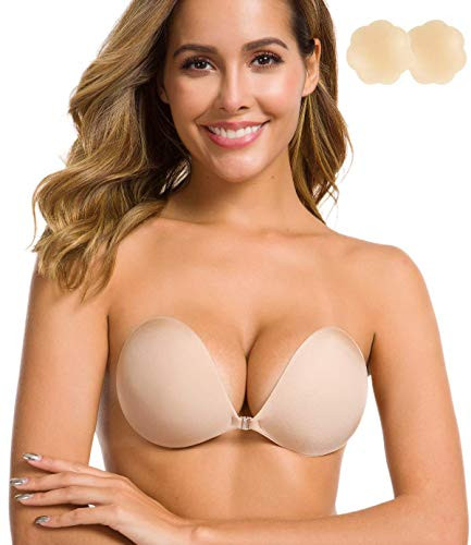 Niidor Adhesive Bra Strapless Sticky Invisible Push up Silicone Bra for Backless Dress with Nipple Covers Nude-D Cup-