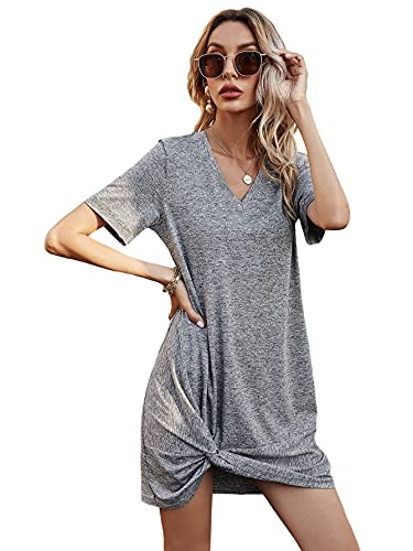 Milumia Women's Twist Knot V Neck Short Sleeve Summer Casual Knit T Shirt Dresses Grey X-Large