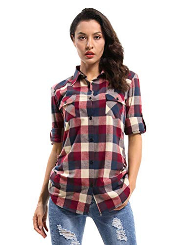 OCHENTA Women's Long Sleeve Button Down Plaid Flannel Shirt D006 Pink Purple 2XL