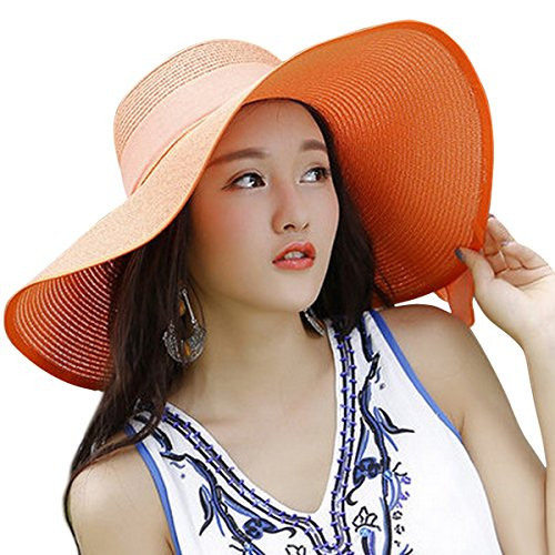 Lanzom Womens 5.5 Inches Big Bowknot Straw Hat Large Floppy Foldable Roll up Beach Cap Sun Hat UPF 50Plus -Orange-