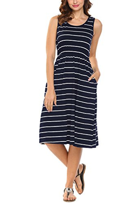 Hount Women's Summer Sleeveless Striped Empire Waist Loose Midi Casual Dress with Pockets -Navy Blue- Small- Hount Women's Summer Sleeveless Striped Empire Waist Loose Midi Casual Dress with Pockets -Navy Blue- Small-