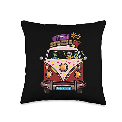 Hippie Van Flower Bus T-Shirt Vintage Hippie Van Flower Bus Aliens Peace Sign Throw Pillow- 16x16- Multicolor