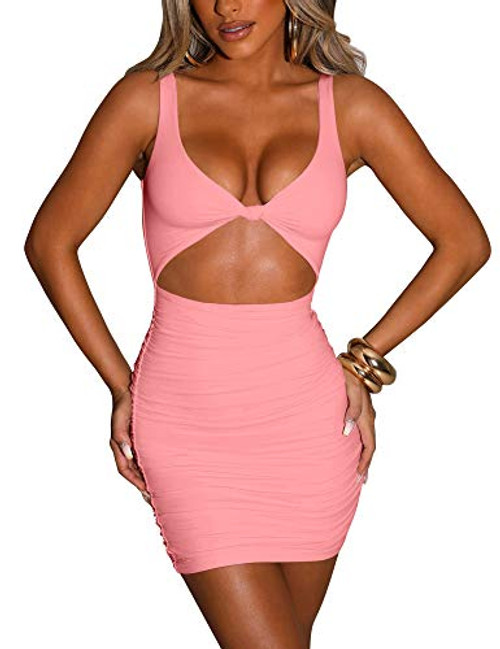 Kaximil Women's Sexy Bodycon Sleeveless Cut Out Ruched Tank Mini Club Party Dresses- Small- Pink