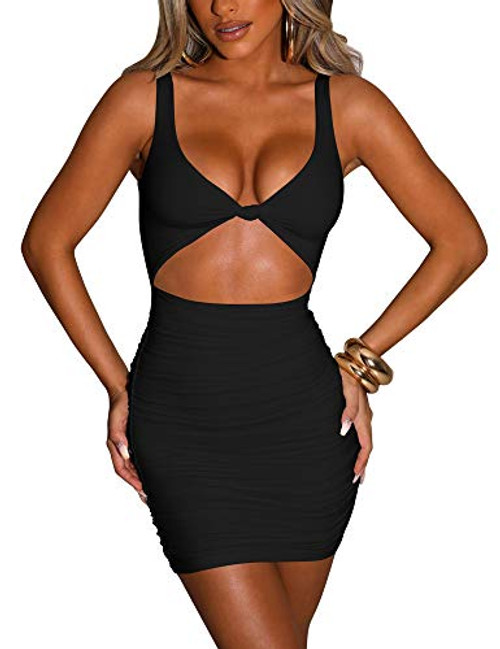 Kaximil Women's Sexy Bodycon Sleeveless Cut Out Ruched Tank Mini Club Party Dresses- Small- Black