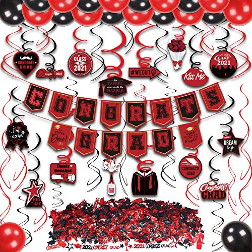 kortes 2021 Red and Black Graduation Decorations Kit- Congrats Grad Banner Hanging Swirls Graduations Confetti Red and Black Balloons for Grad Party Decorations Supplies