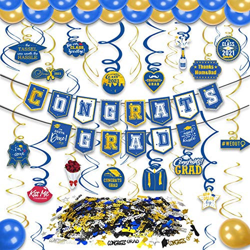 kortes 2021 Blue and Gold Graduation Decorations Kit- Congrats Grad Banner Hanging Swirls Graduations Confetti Blue and Gold Balloons for Grad Party Decorations Supplies