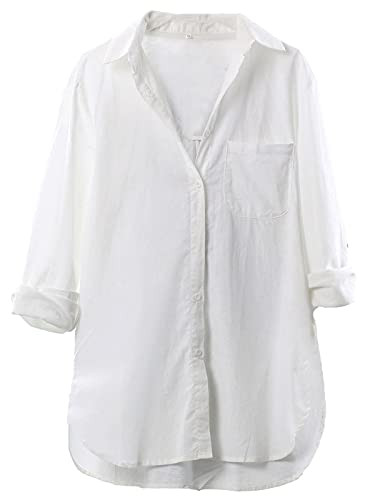 LaovanIn Women's Linen Shirts Oversized Button Down V Neck Shirt Long Sleeve Blouse Casual Plain Tops with Pockets White Medium