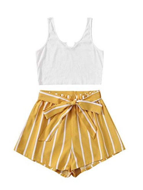 MakeMeChic Women's Solid Rib-Knit Crop Tank Top  and  Striped Self Tie Shorts 2 Piece Set Multi-5 M