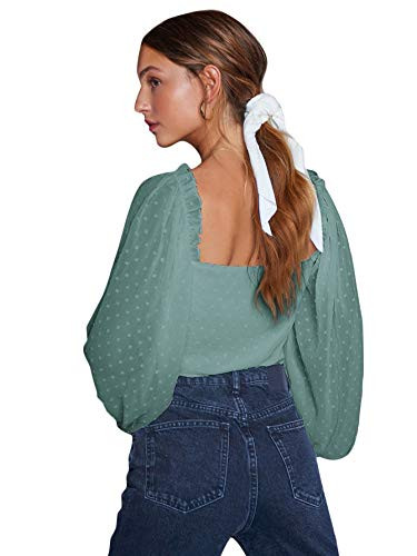 MakeMeChic Women's Swiss Dots Frill Trim Bishop Sleeve Crop Blouse Mint Green M