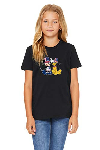 One Stop Nails 4th of July -Independence Day- Mickey with Pluto -V4- Kid's T-Shirt Black for Girls. -L- -OSD Version-