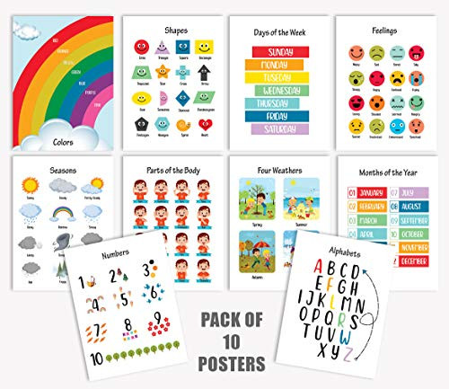 Traceease 10 Educational Posters for Classroom Decor  and  Kindergarten Homeschool Supplies Baby- Laminated Preschool Learning Chart Materials - ABC Alphabet- Numbers- Shapes-Feelings-Weathers